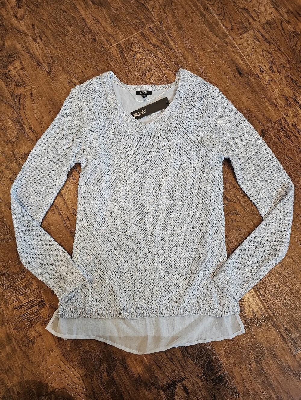 Apt. 9 Light Blue V-Neck Sweater with Chiffon Hem